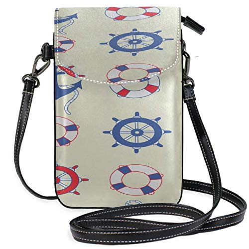 Lawenp Hombres de cuero Crossbody Monedero Colorido Hermoso Timón de moda Estampado azul marino Hombres Monederos Bolso bandolera para teléfono Monedero Cartera Bolsa de pasaporte de viaje Bolsos par