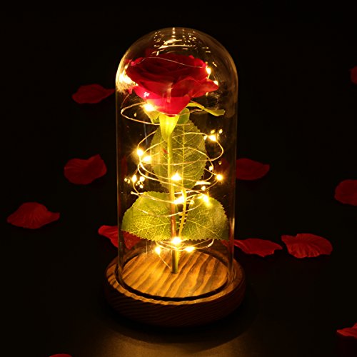 LEDMOMO Rosa de seda roja y luz LED con pétalos caídos en una cúpula de cristal sobre una base de madera Regalo para el día de San Valentín Boda de cumpleaños de aniversario (rosa única) LEDMOMO Rosa de seda roja y luz LED con pétalos caídos en una cúpula de cristal sobre una base de madera Regalo para el día de San Valentín Boda de cumpleaños de aniversario (rosa única)