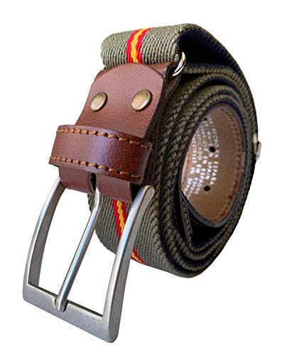 LEGADO Cinturon hombre y pulsera bandera España, cinturon elastico con cuero marron, piel de Ubrique como nuestras carteras y accesorios. (Verde caza con Bandera España)