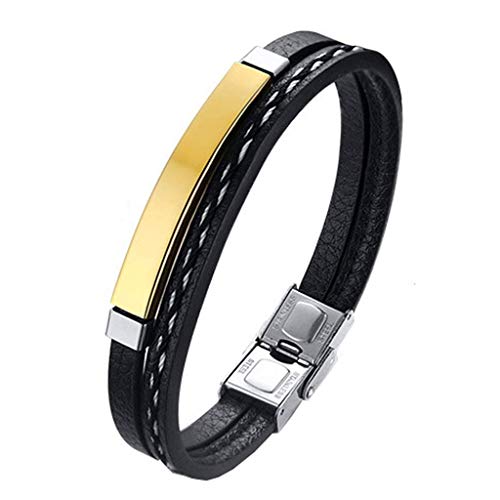 LEGADO Pulsera Hombre, Cuero PU y Acero Inoxidable, Brazalete Vikingo Chico Negra combinable con Anillo Pendiente Collar Colgante o Tobillera muñequera, Personalizable (Gold 19,5)