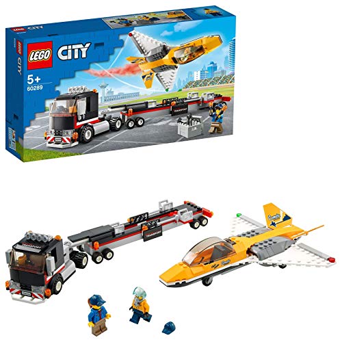 LEGO 60289 City Camión de Transporte del Avión Acrobático, Camión de Juguete con Remolque y Avión a Reacción