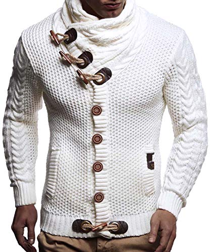 Leif Nelson Hombres Chaqueta de Punto con Cuello Chal LN-4195 Blanco Small Leif Nelson Hombres Chaqueta de Punto con Cuello Chal LN-4195 Blanco Small