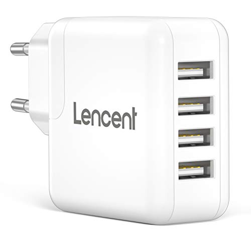 LENCENT Cargador USB Pared con 4 Puerto, 24W/4.8A Cargador Móvil con tecnología Auto-ID, Enchufe Multipuerto Europeo para iPhone, iPad, Samsung, Huawei, Xiaomi, LG, Nexus, HTC y más