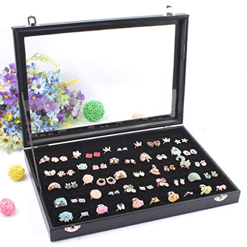 Lenhart - Caja organizadora de 100 anillas para joyas, color negro con tapa transparente