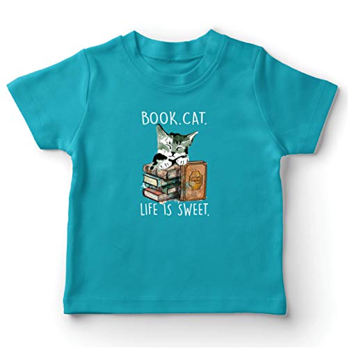 lepni.me Camiseta para Niño/Niña Libro Vida de Gato es Dulce Gatito Regalo del Amante para los lectores (14-15 Years Azul Claro Multicolor)