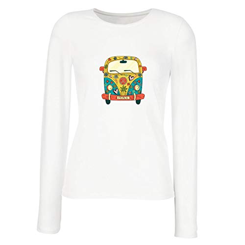 lepni.me Camisetas de Manga Larga para Mujer Años 60 70 Hippie Van, Flores, Amor, símbolo de Paz Libertad (Medium Blanco Multicolor)