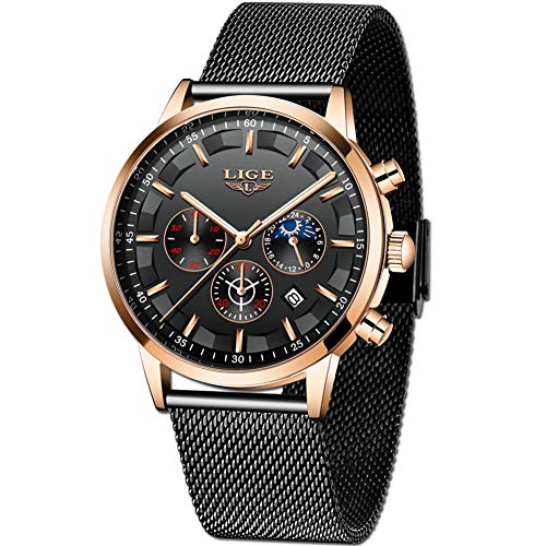 LIGE La Moda Relojes Hombre Negocios Impermeable Cuarzo simulado Reloj Fase Lunar Negro Acero Inoxidable Cinturón de Malla Relojes de Pulsera LIGE La Moda Relojes Hombre Negocios Impermeable Cuarzo simulado Reloj Fase Lunar Negro Acero Inoxidable Cinturón de Malla Relojes de Pulsera