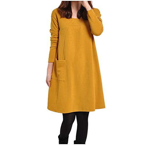 ღLILICATღ Otoño Vestido de Las Mujeres del tamaño Extra Grande de Manga Larga Bolsillos Solid Cuello en V Vestido Suelto M-4XL