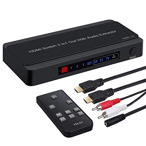 LiNKFOR Convertidor HDMI Extractor Audio 3 Entradas HDMI a HDMI Optico Toslink SPDIF RCA 3.5mm Jack Conversor de Video y Audio HDMI Convertidor Digital Soporte de Salida 4K 3D Función Pip