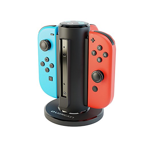 Lioncast Base de Carga para Joy-Con - Dock de Carga para 4 Mandos - Compatible con los Controles de Nintendo Switch - Luces Indicadoras de Estado de Carga, Fondo Fuerte - Accesorios de Juego