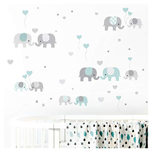 Little Deco - Adhesivo decorativo para pared de habitación infantil para niños, con diseño de elefantes, de color gris y menta, dos hojas A4, DL335