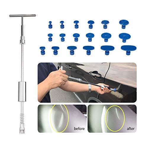 Locisne Auto Car Body Dent Repair Paintless Dent Puller Kit, Hand Tool Kit Hail Removal Auto Repair Hammer Slider T Bar with Pad tabs Glue 18pcs