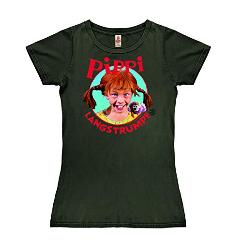 Logoshirt - Pippi Calzaslargas - Retrato - Camiseta Vintage para Mujer - Negro bujia - Diseño Original con Licencia, Talla L