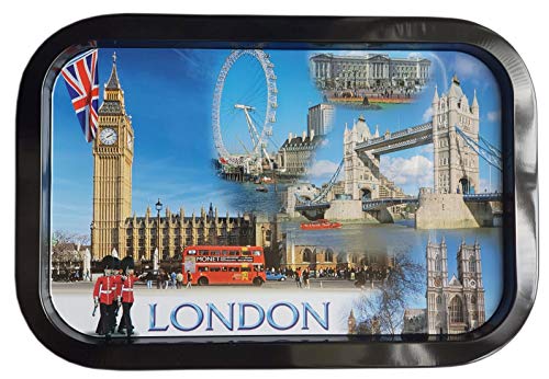 London Photo Collage Bandeja grande para servir – Cielo azul, Big Ben, Puente de la torre, Abadía Westminster, Autobús rojo de dos pisos, Guardia Real, Palacio de Buckingham, Reino Unido, Reino Unido