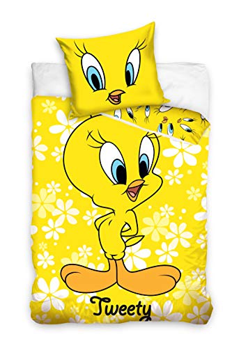 Looney Tunes Tweety - Funda de edredón infantil con funda de almohada de 100 x 135 + 40 x 60 cm de algodón