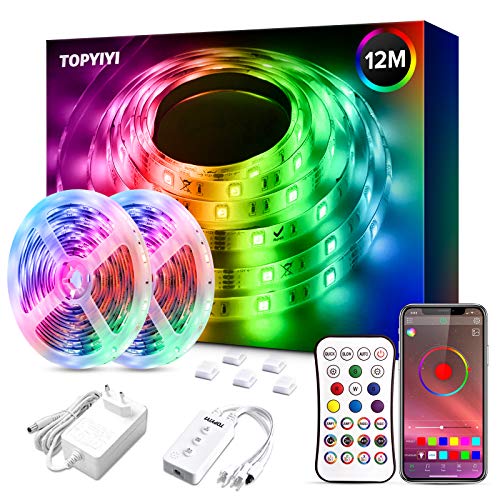 Luces LED 12M, TOPYIYI 5050 RGB Tiras LED Iluminación, Función Musical, Control de APP y de Control Remoto, Adaptador,para Habitacion, Hogar, Bar Luces LED 12M, TOPYIYI 5050 RGB Tiras LED Iluminación, Función Musical, Control de APP y de Control Remoto, Adaptador,para Habitacion, Hogar, Bar