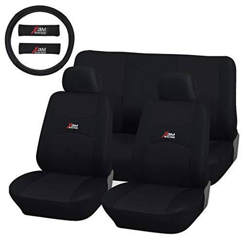 Lupex Shop Fundas de asiento de coche universales con funda para volante y funda para cinturón de color con asientos – X3M Racing (negro)