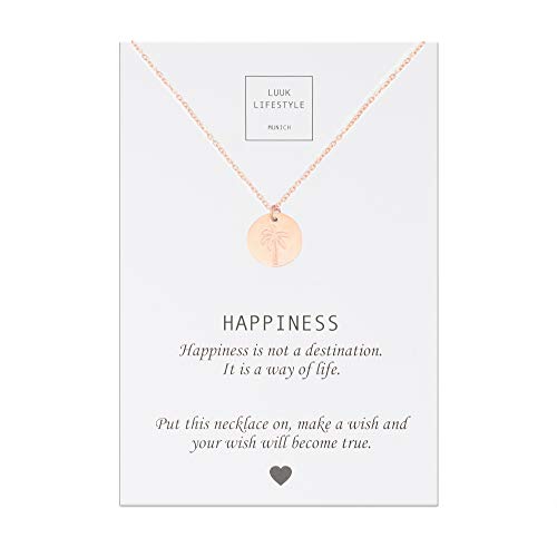 LUUK LIFESTYLE Collar de acero inoxidable con colgante de palma y cita Happiness, joya de mujer, tarjeta de regalo, amuleto, rosa LUUK LIFESTYLE Collar de acero inoxidable con colgante de palma y cita Happiness, joya de mujer, tarjeta de regalo, amuleto, rosa