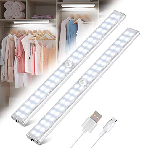 Luz Armario 40 LED, 2pack USB Recargable Luces LED Armario con Sensor Movimiento, 3 Modos Lámpara LED de Armario con Tira Magnética, para Armario, Cocina, Escalera, Pasillo y Emergencias