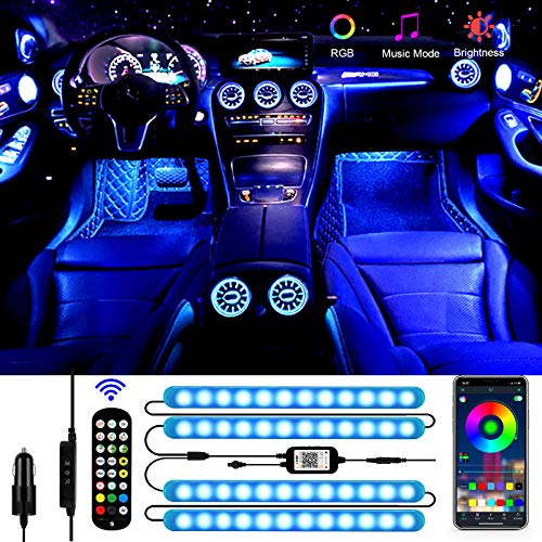 Luz Interior Coche, Aimocar luz LED coche Interior Tira Interior coche LED Iluminación Impermeable 48 LED Multi DIY Color Música Tiras Coche, con El Encendedor del Cigarro del Cargador del USB 12V