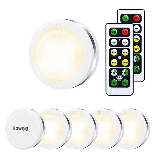 Luz Nocturna LED Luz de Noche Luz de Armario Inalámbrica LED Bawoo 6PCS Lámpara de Cocina LED 5 Perlas Lámpara Adhesiva Inalámbrica Batería Blanca Cálida con 2 Control Remoto Vitrina Armario Pasillo