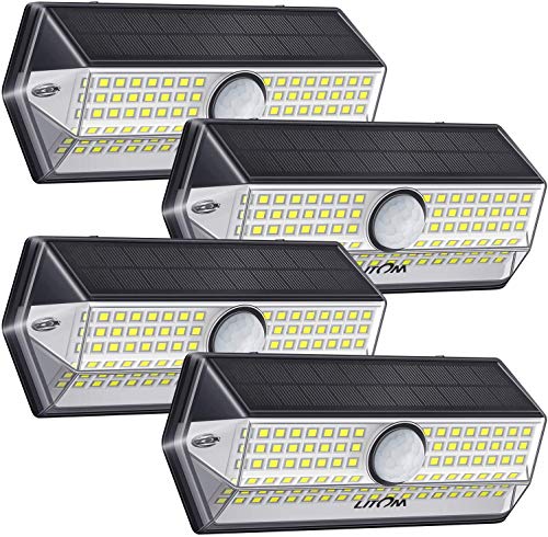 Luz Solar Exterior【Súper Brillante 4 Modos】con Sensor de Movimiento, LITOM Focos LED Exterior, IP67 Impermeable 100LEDs Luces Solares Luz Solar Jardín