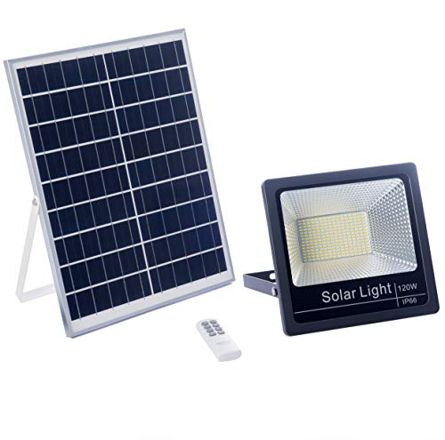 Luz Solar LED 120W Exterior Con Mando a Distancia, Foco Con Placa Solar, Batería, Control Remoto, Autonomía 8-15 Horas