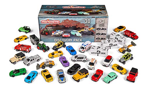 Majorette Juego de 30 + 3 Discovery, Incluye 20 vehículos de Carretera, 10 vehículos, 3 Coches súper Especiales 1:64, 7,5 cm, Incluye Caja de Herramientas como Caja de Almacenamiento