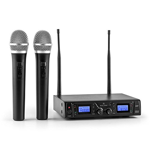 Malone Duett Pro V1 - Set de Micrófonos inalámbricos UHF de 2 canales, 2 Micrófonos de mano inalámbricos, Alcance de 50 m, LED, 2 x XLR y 1 x salida Jack, Estuche de transporte incluído, Negro Malone Duett Pro V1 - Set de Micrófonos inalámbricos UHF de 2 canales, 2 Micrófonos de mano inalámbricos, Alcance de 50 m, LED, 2 x XLR y 1 x salida Jack, Estuche de transporte incluído, Negro
