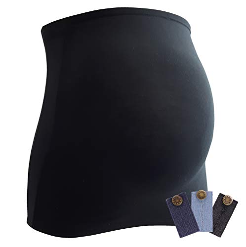 Mamaband - Banda elástica para el vientre para la bola del bebé + paquete de 3 unidades de ampliación para pantalones vaqueros - calentador de espalda y camisetas para embarazadas - black L