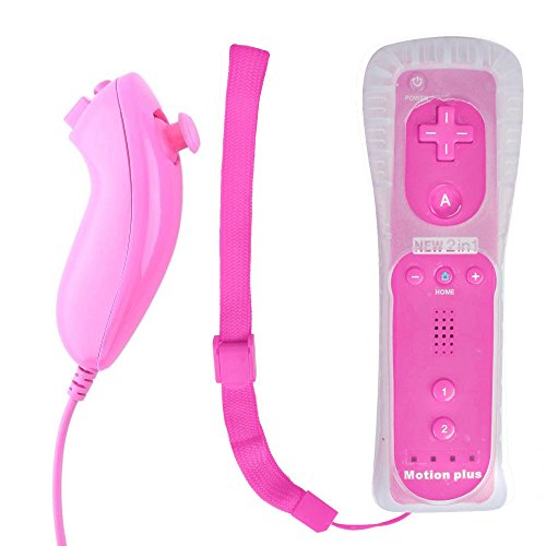 Mando Remote + Motion Plus + Nunchuck + Funda + Correa para Nintendo Wii - Wii U - Wii Mini, Color Rosa