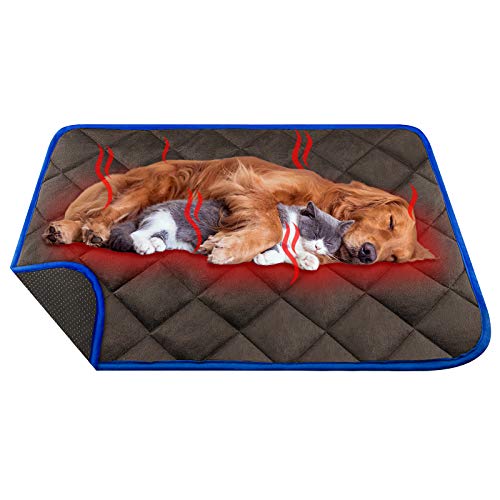 Manta Autocalentable para Gatos & Perros, 90x60cm Talla Grande Almohadilla Térmica Impermeable Antideslizante Lavable Plegable sin Electricidad Ecológico Self Heating Pad para Mascotas, Café