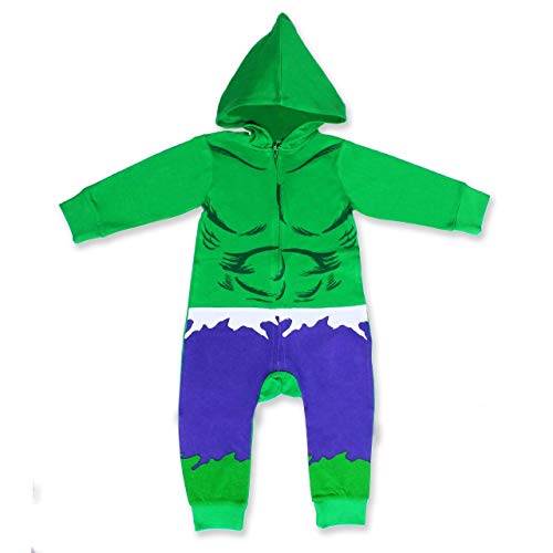 Marvel Boy's The Incredible Hulk Zip Up Hooded Coverall, 100% Cotton, Green, Size 24M