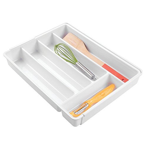 mDesign Cubertero antideslizante expandible con 6 divisiones – Organizador de cubiertos extensible para ordenar utensilios – Bandeja para cubiertos y para organizar cajones de cocina – Color: blanco