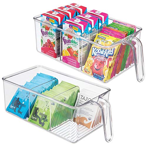 mDesign Juego de 2 cajas de almacenaje de plástico – Para cocina, armario o como organizador de frigorífico – Caja organizadora de diseño abierto con asa incorporada y 3 divisiones – transparente