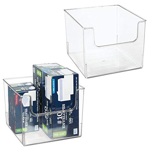 mDesign Juego de 2 cajas organizadoras – Práctico organizador de escritorio, salón, baño y mucho más – Caja de plástico con frontal más bajo para que el contenido esté más accesible – transparente