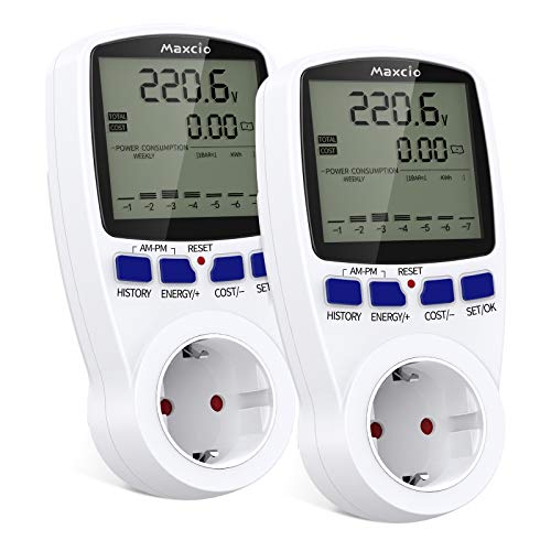 Medidor de Consumo Eléctrico con Dual Tarifa, Maxcio Enchufe Medidor de Costo de Electricidad con Pantalla LCD Reteción de Datos Medidor de Energía para Toma 3680W MAX, 2 Pack