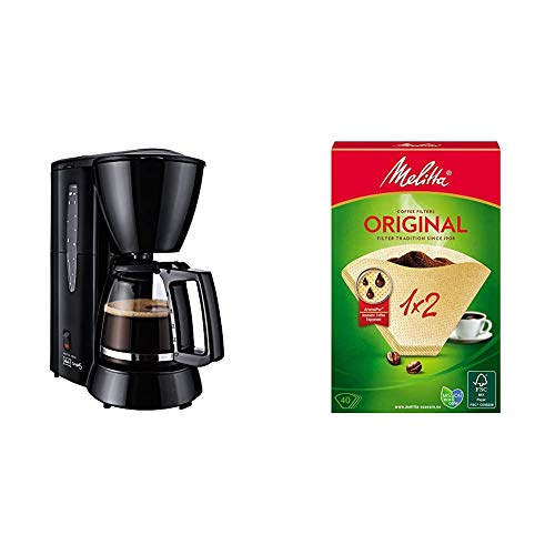 Melitta Cafetera de filtro con jarra de vidrio, Para 5 tazas de café, Single 5, Negro, M720-1/2 + 502001 Filtros de Café Desechables, Papel, Natural