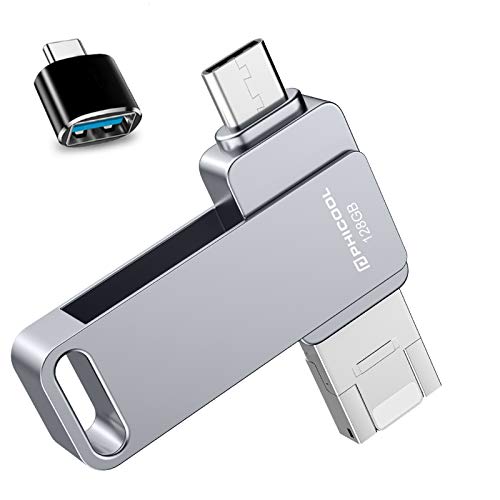 Memorias USB 128GB Smartphone USB 3.0 Unidad Memoria Flash,PHICOOL USB Flash Pen Drive para iPhone iPad,OTG Android y USB C Android Samsung/Huawei/XIAOMI/ONEPLUS,Mac Computadora Portátil - Gris