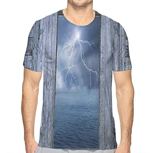 Mens 3D Printed T Shirts,Thunder Bolt At Night from Window In A Seaside House Forces of Nature Theme Print L