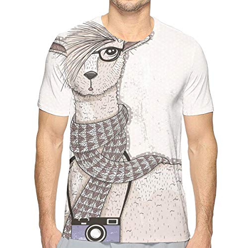 Men's T-Shirt Casual Novelty Short Sleeve,Hipster Lama Figure with Hair Style and Camera Artist Animal Humorous Graphic M