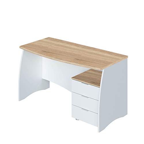 Mesa de Despacho con 3 Cajones, mesa de Oficina o Estudio, Modelo Stil, Acabado en Blanco Artik y Roble Canadian, Medidas: 136 cm (Largo) x 67 cm (Ancho) x 74 cm (Alto)