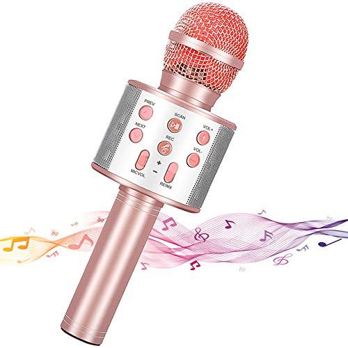 Micrófono Inalámbrico Karaoke,Guiseapue Micrófono karaoke microfonos Bluetooth Altavoz para Niños Canta Partido Musica Compatible con PC/iPad/iPhone/Smartphone（Oro rosa）