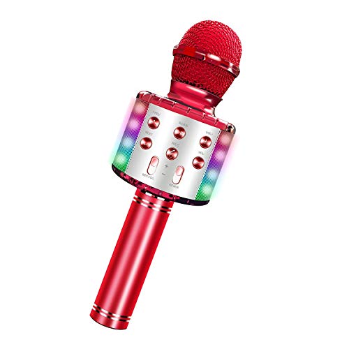 Micrófono Karaoke Bluetooth con luz LED, 4 en 1 Multifunción Microfono Inalámbrico Karaoke con Altavoz,función de grabación, Micrófono para Niños/KTV/Fiesta al Aire, Compatible con Android/iOS PC