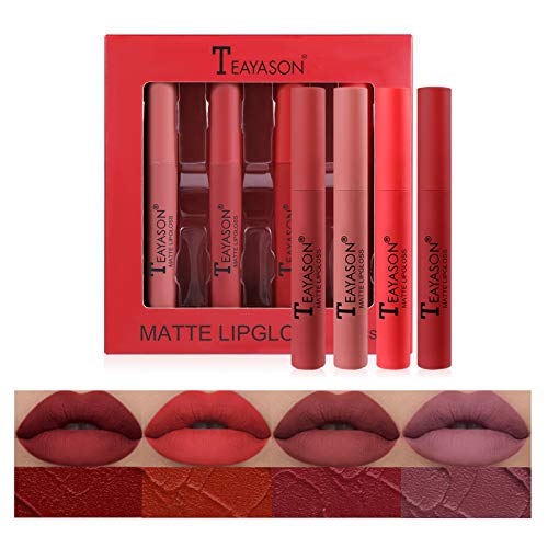 Mimore Mate Líquido Pintalabios Lápiz labial Conjunto 4 Traje Suave felpa mate impermeable Brillo de labios Duradero Copa antiadherente lápiz labial Kit de maquillaje Lip Glaze (CC)