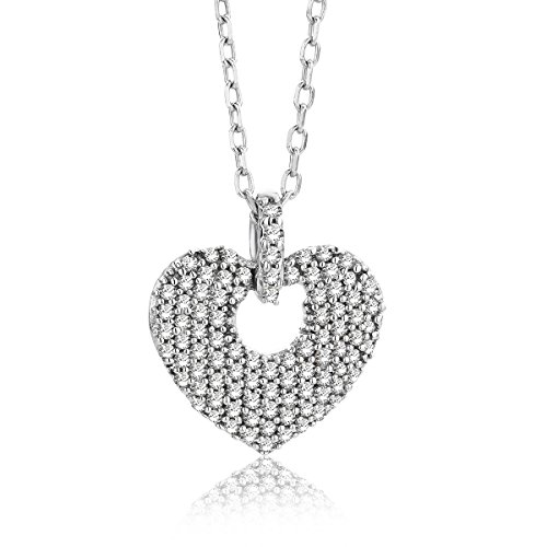 Miore - Collar para mujer de 0,20 quilates con colgante de corazón de 92 diamantes, cadena brillante de oro blanco de 9 quilates / 375 Miore - Collar para mujer de 0,20 quilates con colgante de corazón de 92 diamantes, cadena brillante de oro blanco de 9 quilates / 375