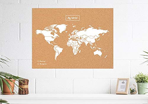 Miss Wood Map L, Mapa del Mundo de Corcho, 45 x 60 cm, Natural/ Blanco