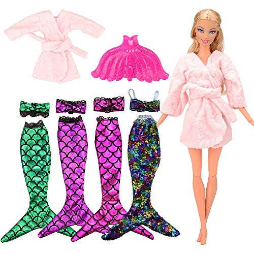 Miunana 6 Artículos: 3 Traje de baño sirena (Verde, Rojo, Púrpura) + 1 Camisón Rosado + 1 Traje de baño sirena con Lentejuelas arco iris + 1 Cola de pescado con plástico para 11.5 Pulgadas Muñeca