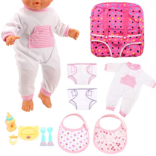 Miunana Accesorios: 1x Ropa +1x Mochila + 1x Vajilla + 2X Pañales + 2X Baberos para 14-18 Pulgadas Muñecas Baby Doll Baby Alive (Ropa + Accesorios + Mochila)