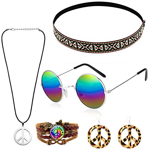 MMTX Conjunto de Disfraces Hippies Accesorios Hippies de la Paz Collar Pendientes Pulsera Diadema de Bohemio Gafas de Sol Hippy de Halloween Vestir para la Fiesta temática de los años 60 y 70 MMTX Conjunto de Disfraces Hippies Accesorios Hippies de la Paz Collar Pendientes Pulsera Diadema de Bohemio Gafas de Sol Hippy de Halloween Vestir para la Fiesta temática de los años 60 y 70